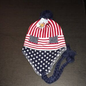 American Flag Winter Knit Hat Pom Tassels Lined